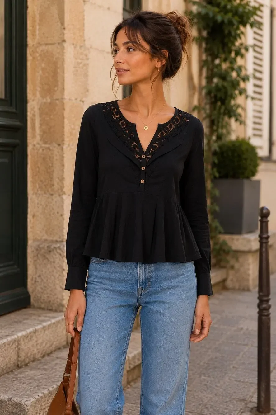 Free People Black Cotton Lace Peplum Blouse NWT XS